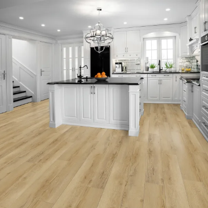 Epic vinyl flooring in the color sunset cruise in a kitchen setting with white cabinets