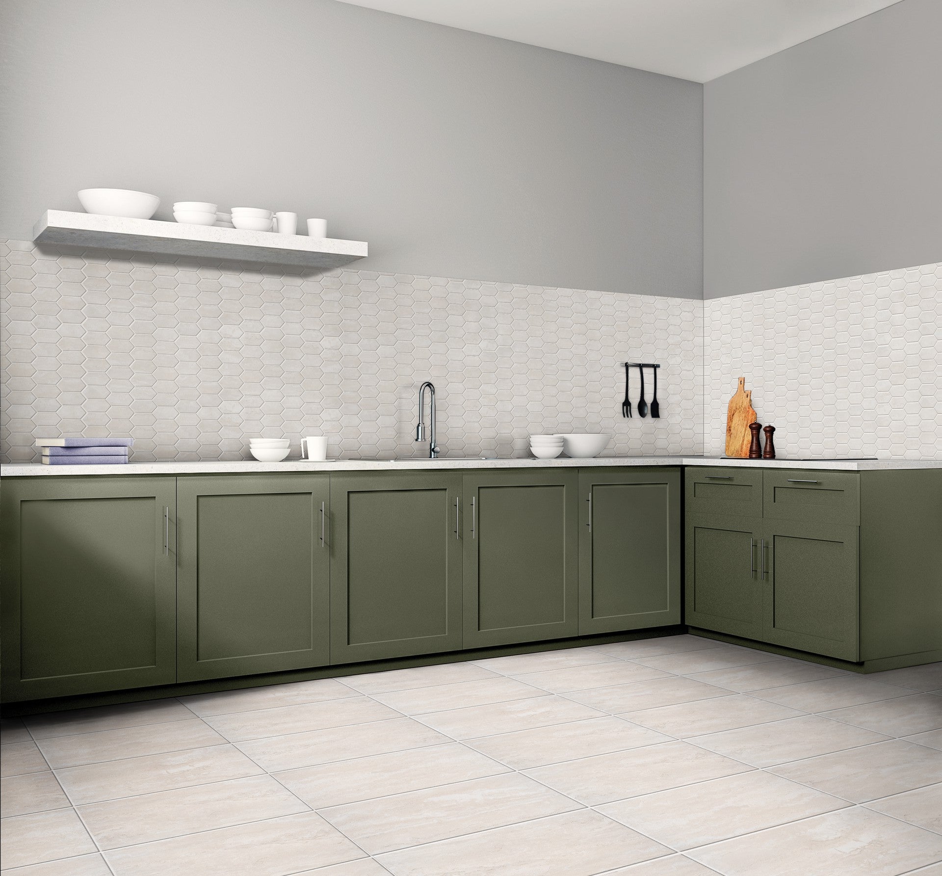 This is a room scene of a kitchen with green cabinets and a white picket backsplash. The tile used is tivoli in the color ivory.