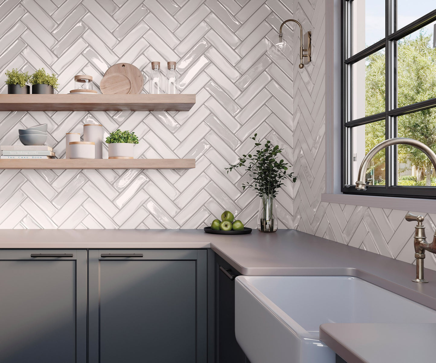 This is a kitchen room scene with the backsplash vivant blanc in a herringbone pattern