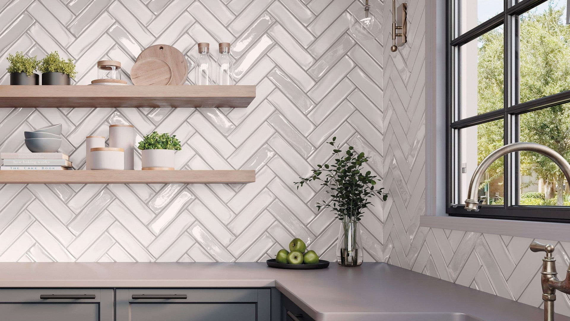 vivant subway tile from Portobello America in a chevron pattern in a kitchen