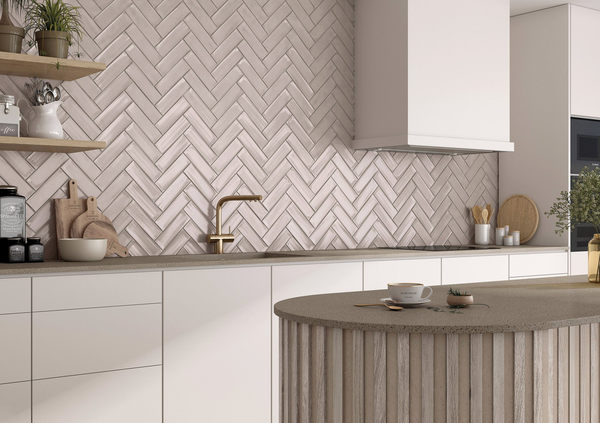 This is a kitchen room scene with vivant brut as the backsplash in a herringbone pattern. 